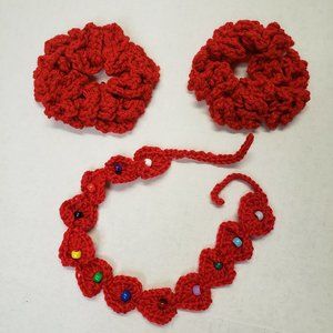 Woman's Handmade Crochet 2 Scrunchies and Beaded Headband Red New